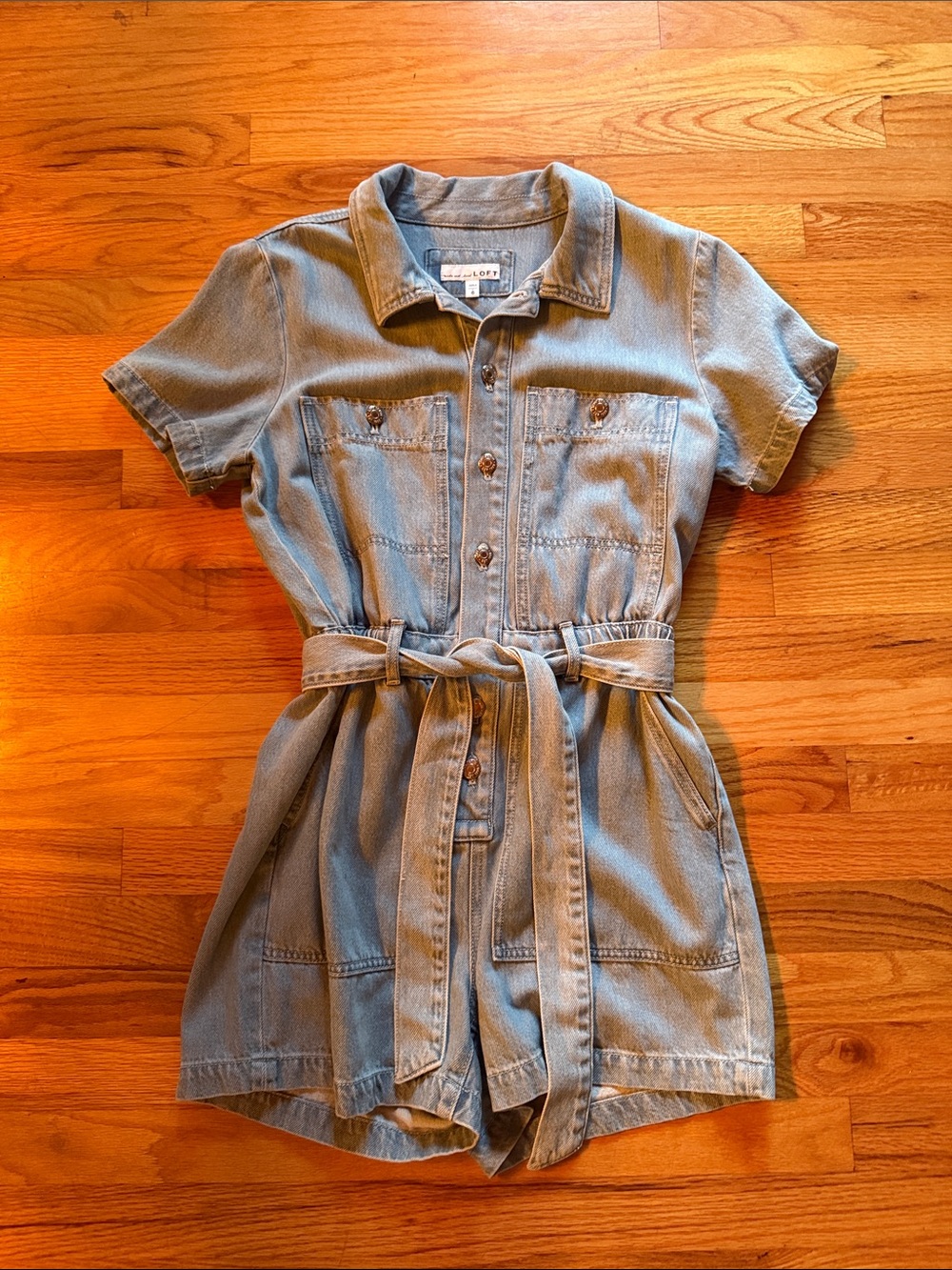 LOFT Light Blue Denim Short-Sleeve Romper with Tie Waist